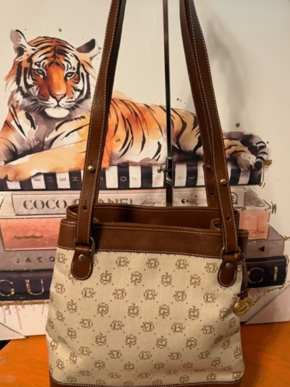 BRAHAM BAG! Brown & Cream Monogram Tote ! Brown Leather Trim & Straps!